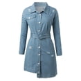 thumbnail image 3 of Women Casual Solid Dress Denim Dress Long Sleeve Turtleneck Pocket Dress Button Slim Belt Dress Short Maxi Dress for Women Woman Summer Casual Dress Summer Dress for Women with Sleeves Wrap Summer, 3 of 8