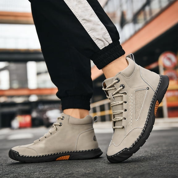 Men’s Waterproof Leather Boots,Wide Toe Box Ankle Boots with Cushioned Insole,Comfortable Non-Slip Outdoor Walking Shoes