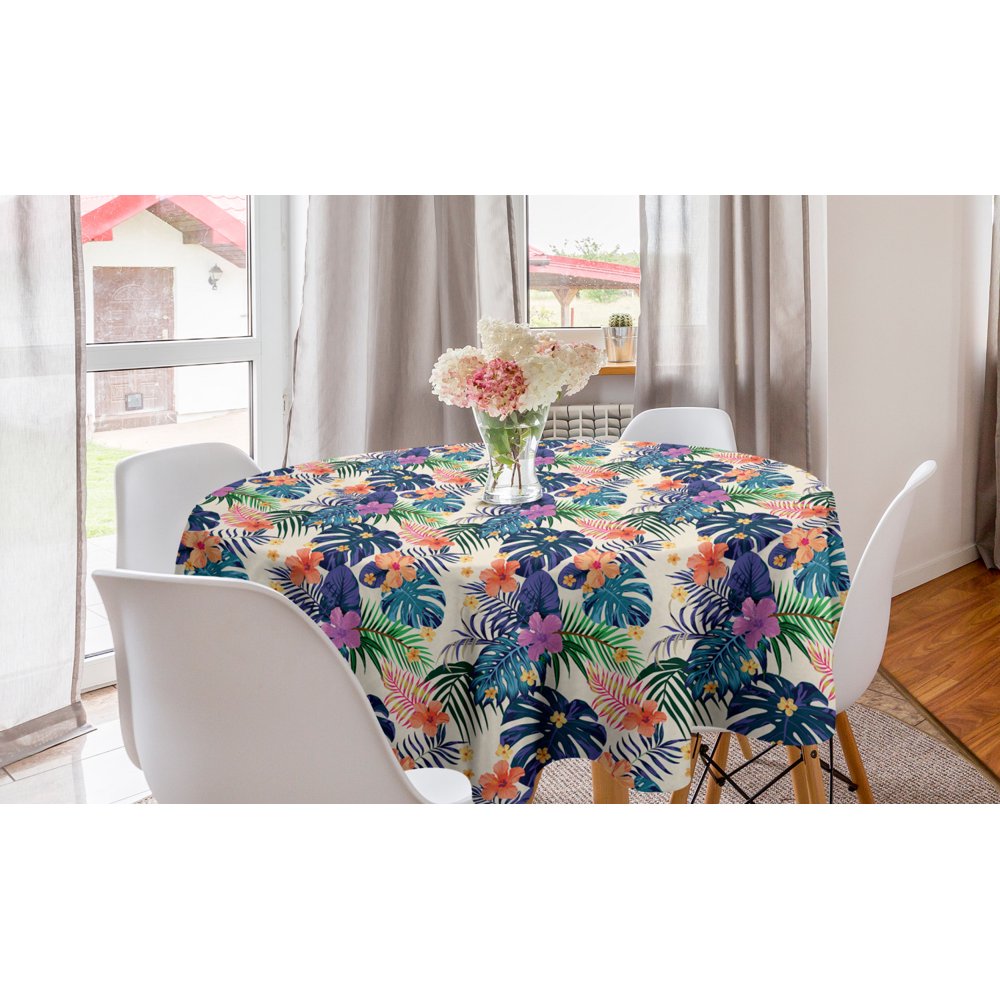 Tropical Round Tablecloth, Flowers and Leaves of Exotic Plants Tropic