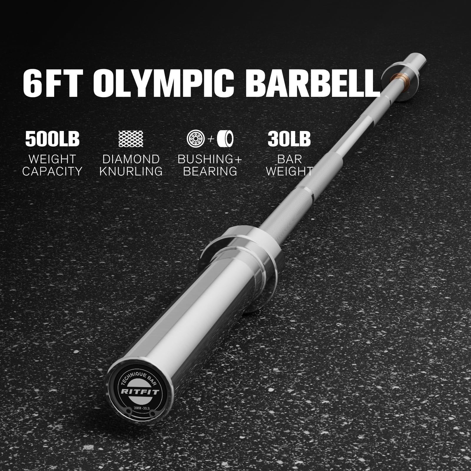 RitFit 6 Ft. Olympic Barbell Bar, General Purpose Weight Bar Suitable for Olympic Lifts and Power Lifts