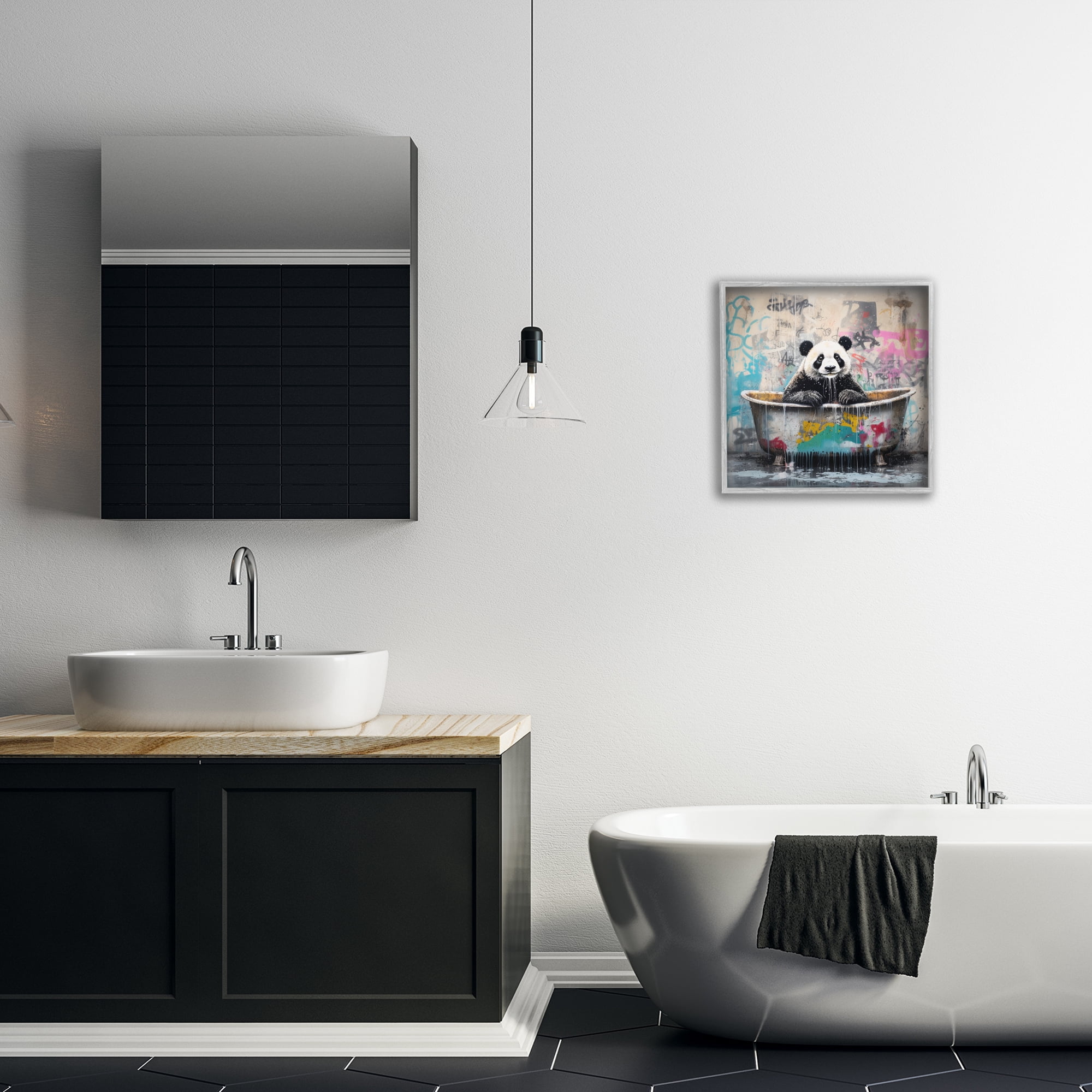 Stupell Industries Graffiti Bathing Panda Typography Painting Gray Framed Art Print Wall Art, 17 x 17