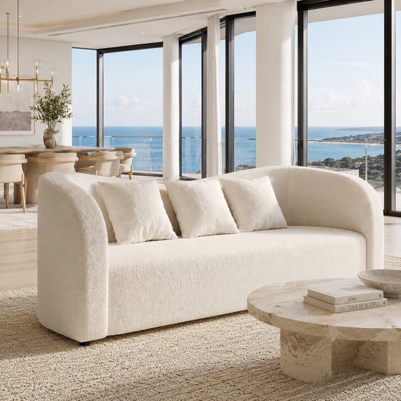 91" Sherpa Fabric Sofa, Modern Comfy Couch with 3 Throw Pillows, Solid Wood Frame, Fully Assembled Living Room Sofa for Home or Apartment