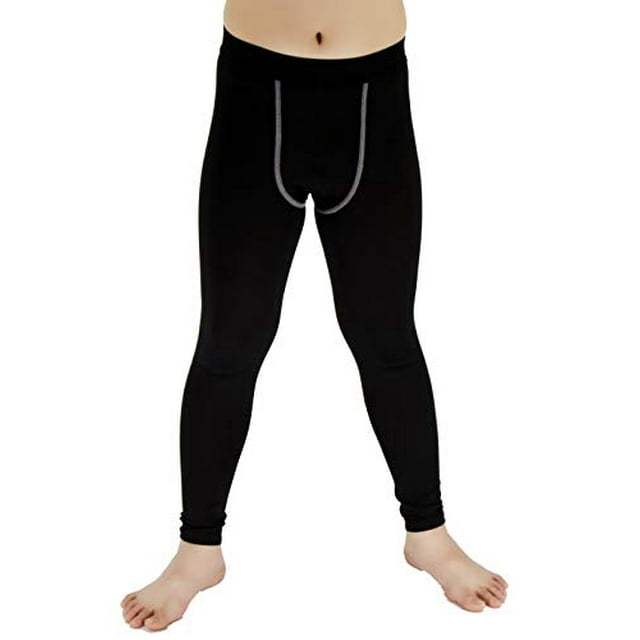 LANBAOSI Youth Boys Compression Leggings Athletic Running Tights Black
