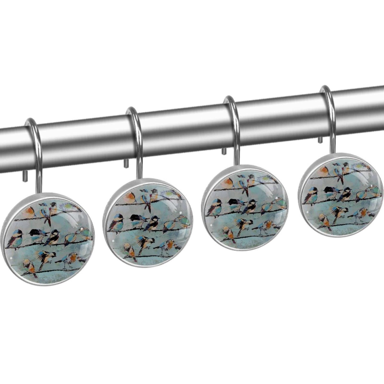 Birds Paintings Shower Curtain Hooks（Set of 12）for Home Hotel Shower Rods Bathroom Crystal Glass Print Stainless Steel Round Curtain Hooks