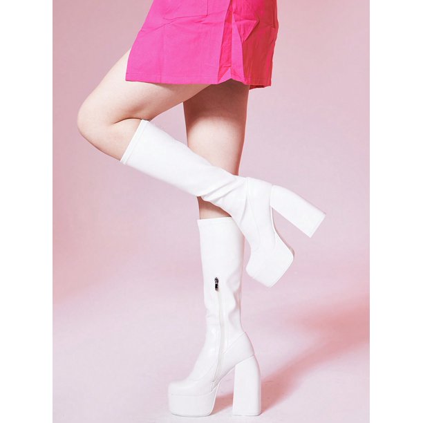 Women's Platform Boots Knee High Boots Chunky High Heels Stretch Leather Boots With Zipper Goth Punk Motorcycle Boots