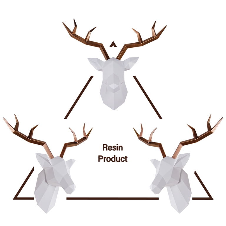 SAC SMARTEN ARTS Faux Taxidermy Deer Head Wall Decor - White Geometric Deer With Gold Antlers, 14"x11"