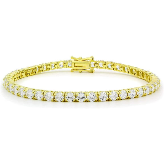 925 Italian Sterling Silver 6mm Tennis Bracelet, Iced Out Round Cut CZ Cubic Zirconia Yellow Gold Plated Link Chain, Giorgio Bergamo 8.5