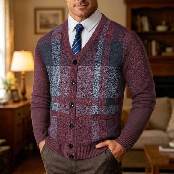 Samdudou Mens Sweaters Casual V Neck Button Down Plaid Pattern Long Sleeve Knitted Outerwear Classic Ribbed Trim Hem Fall Winter Warm Apparel for Business Work Holiday Gathering