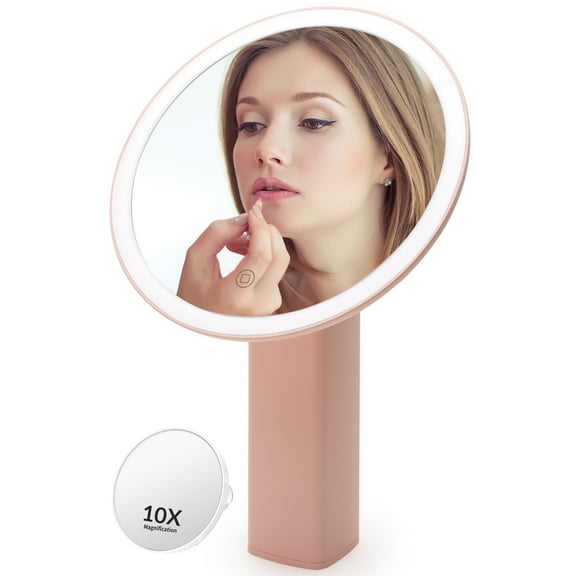 Lighted Makeup Mirror with Led Lights&10X Magnifying,SGUTEN Small 3-Color Lighting Smart Round Desk Mirror Touch Screen,120Adjustable, Daylight Cosmetic Vanity Mirror with Stand for Make Up-Pink
