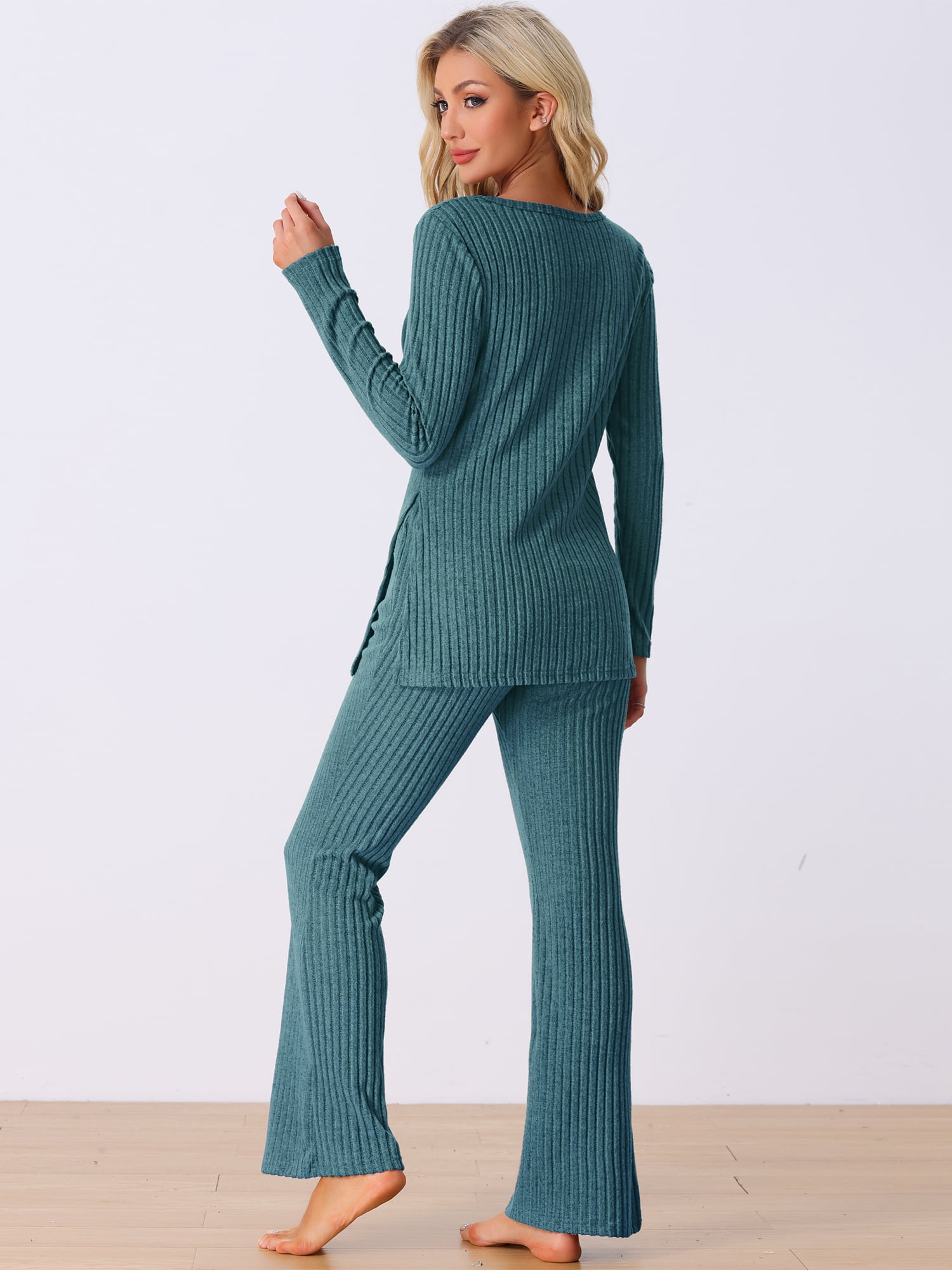 DARING DIVA Women's Ribbed Knit Lounge Set Pajama Sets Matching Outfits M Peacock Blue