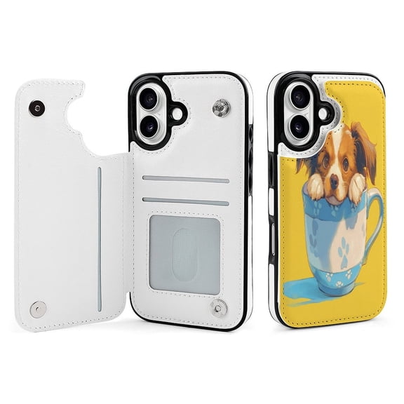 Compatible with iPhone 11 12 13 mini 14 15 16 Pro Max Plus Wallet Case with Card Holder, PU Leather Kickstand Card Slots Case ( Cute Dog In Teacup, iPhone 16)
