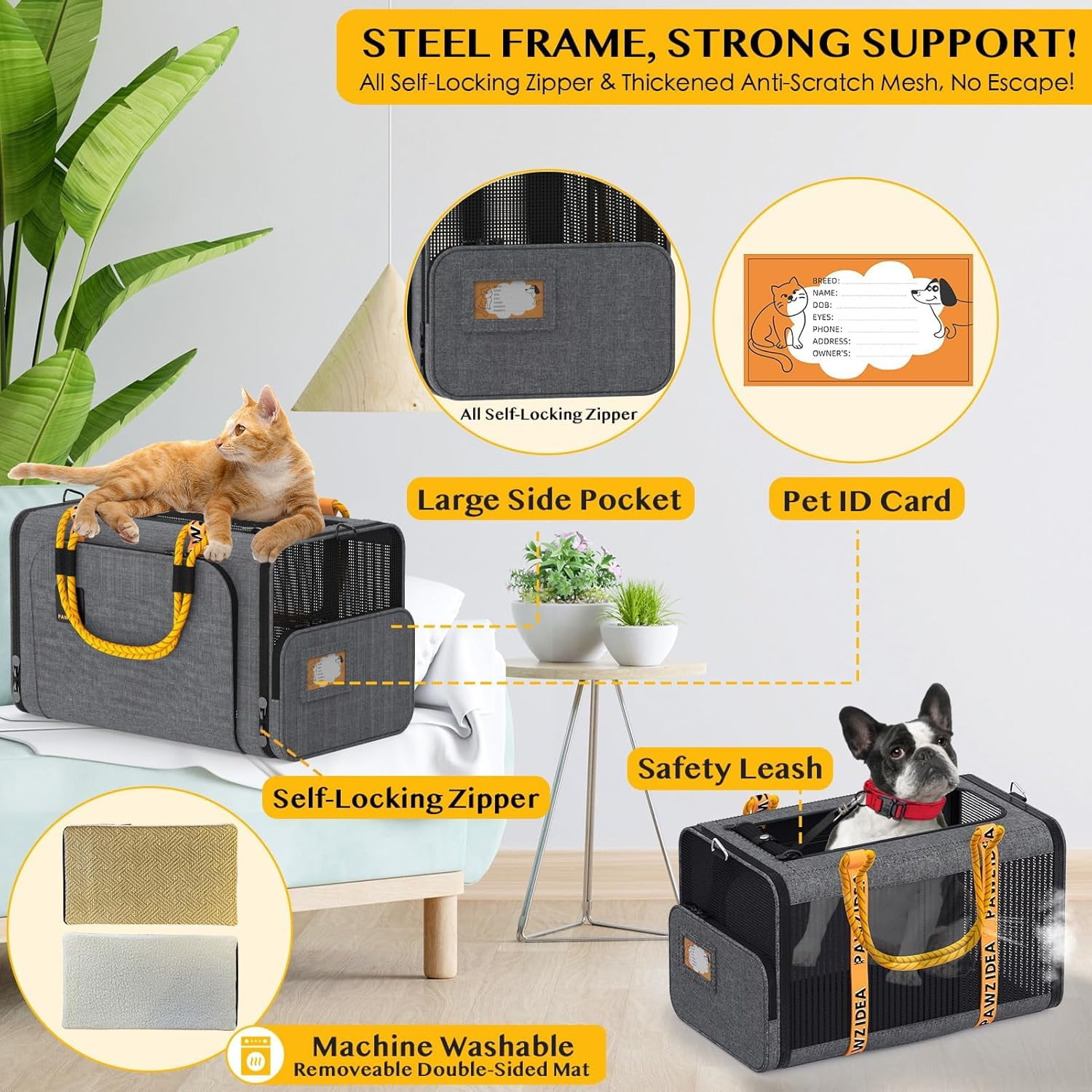 PAWZIDEA Expandable Cat Carrier w/ID Card, 18X11X11 TSA Airline Approved Pet Carrier for 2 Cats Under Seat, Soft-Sided Collapsible Small Dog Carrier Car Seat Travel Bag, Shoulder Strap as Dog Leash