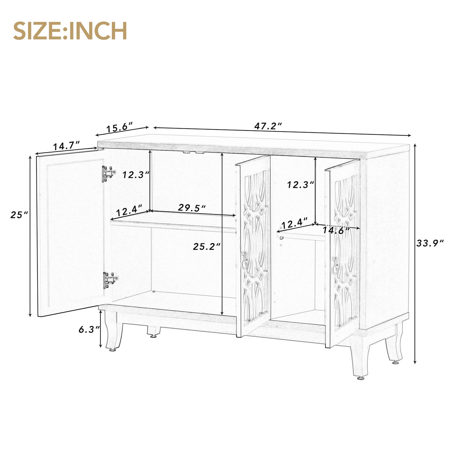 Kadyn Sideboard with Glass Doors, Accent Storage Cabinet with 3 Door, Sideboard Buffet Cabinet for Hallway, Black