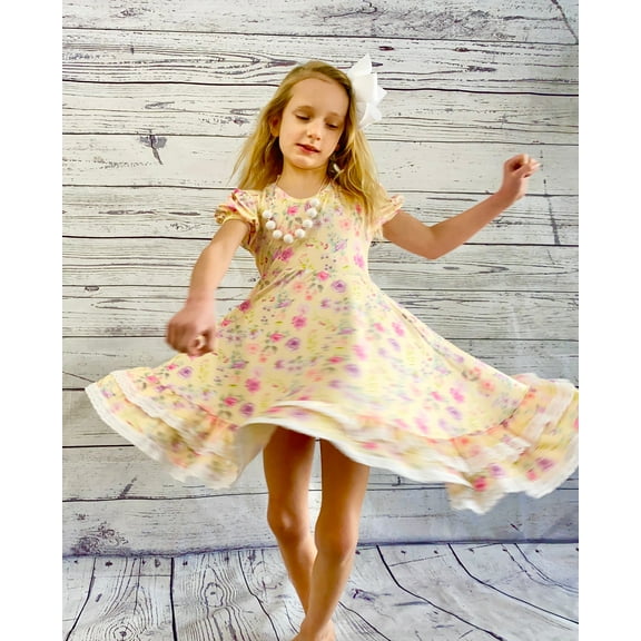 Yellow Floral Double Ruffle Twirly Dress