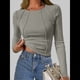 thumbnail image 5 of Tops de Larga Acanalados para Mujer, Camiseta Corta Ajustada y Elástica con Costuras Expuestas, Camiseta de Moda para y Otoño. Judías S, 5 of 8