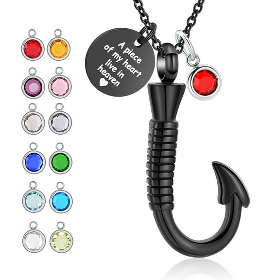 Fishing Hook Urn Necklace for Ashes with 12 Birthstones Fish Hook Stainless Steel Urn Cremation Jewelry Ash Keepsake Memorial Pendant for Women Men