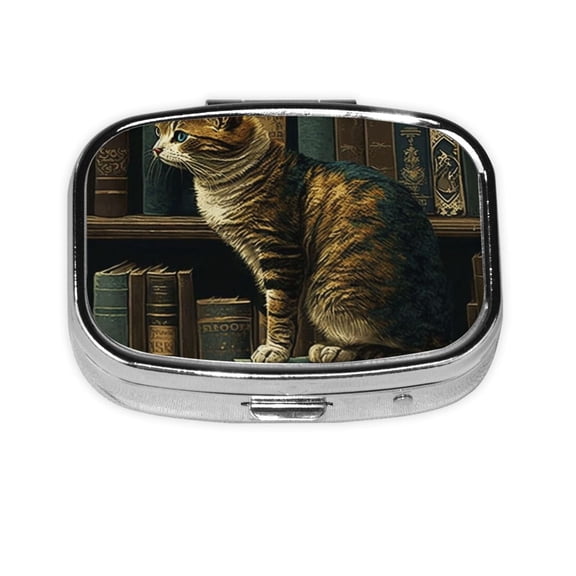Vintage Cat Library Books Square Pill Box 2 Compartment Pill Case Medicine Organizer Decorative Gift for Purse Pocket