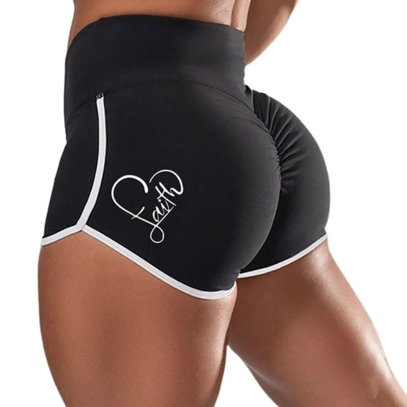 Womens Faith Heart Print Sport Shorts High Waist Ruched Butt Lifting Yoga Pants 