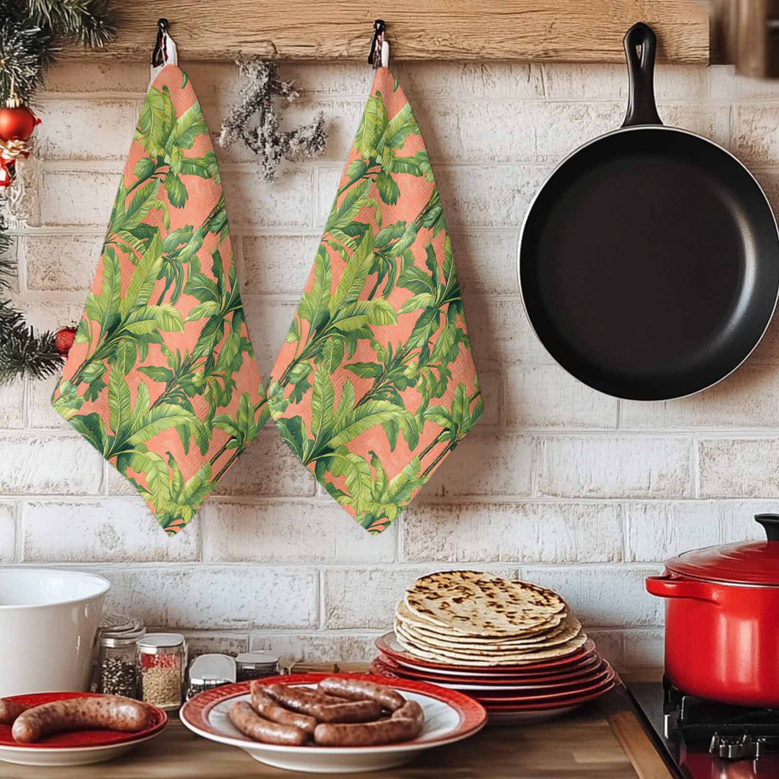 Palm Tree Tropical Kitchen Towels Set of 2, Pink Summer Green Botanical Soft Microfiber Dish Towels, Absorbent Quick-Dry Washable Dishcloths for Kitchen Cleaning, Drying Dishes, 18x28 Inches