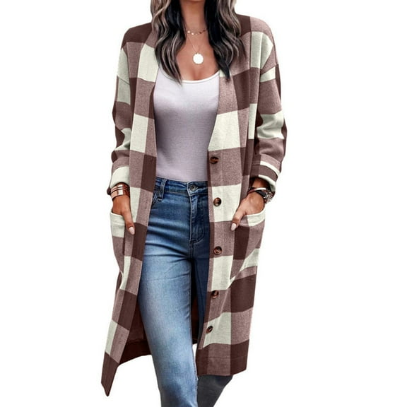 Hfyihgf Women's Shacket Jacket Long Sleeve Button Down Plaid Long Shirt Cardigan Coat Casual Outwear with Pockets Brown S