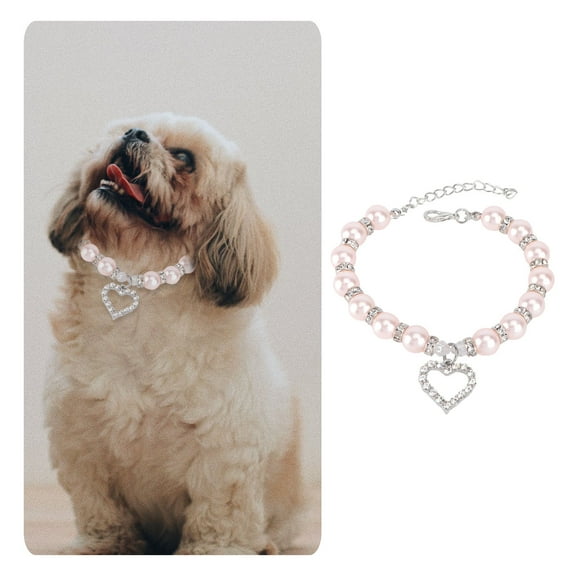 MLINS Adjustable Plastic Dog Necklace with Artificial Pearls and Rhinestones for Pet Wearing Pink S