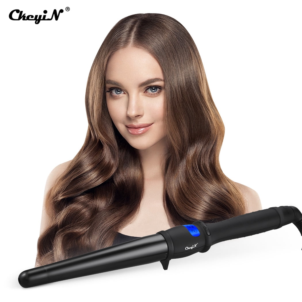 CkeyiN LCD Hair Curler, 10-Speed Temperature Control Anti-Hot 25-32mm Tapered Tube Curling Iron,Tourmaline Ceramic Cone Hair Curling Wand Rollers with Gloves