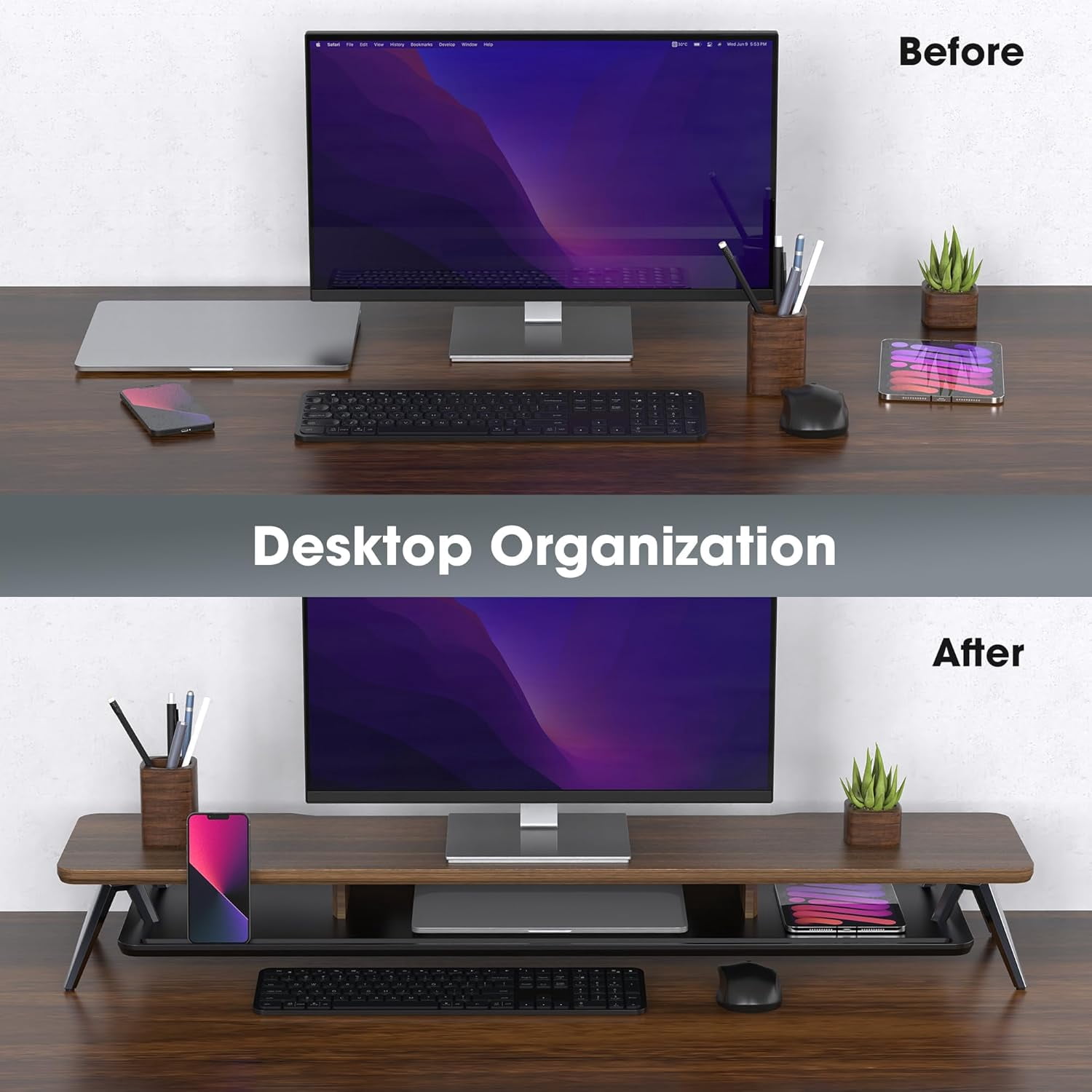 Dual Monitor Stand, Monitor Stands Riser for 2 monitors, 42.5 Inch Wood Desk Shelf with Storage Organizer and Cable Management for Office Desk Accessories