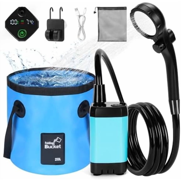 Portable Shower for Camping with 20L / 5.28 Gallons Foldable Bucket, 7800mAh Rechargeable Shower Pump, Outdoor Shower Kit with Digital Display for Hiking, Travel, Car, Pet