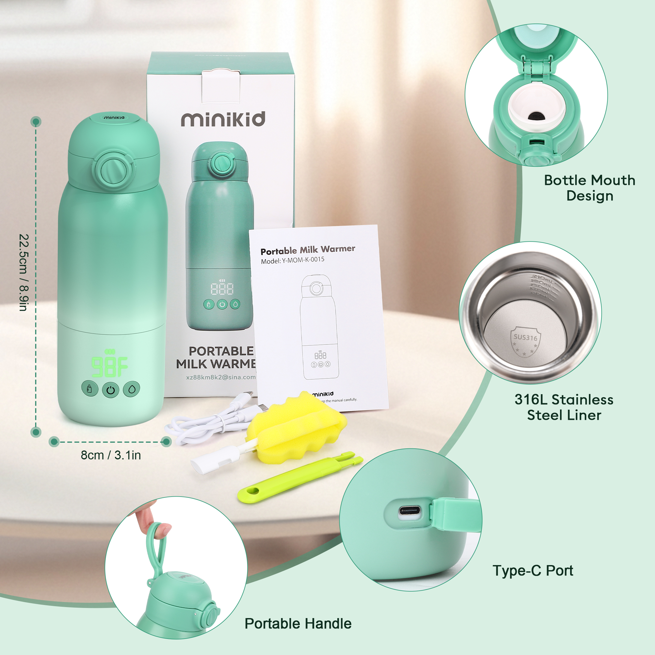 Minikid Upgraded Bottle Warmer for Baby , Dual Heating Modes for Breast Milk and Water, 12 OZ Portable Milk Warmer, Green