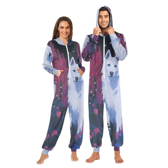 Oil Painting Style White Dog Adult onesie Pajamas, Crystal Velvet Ultra Soft Warm Jumpsuit for Men and Women