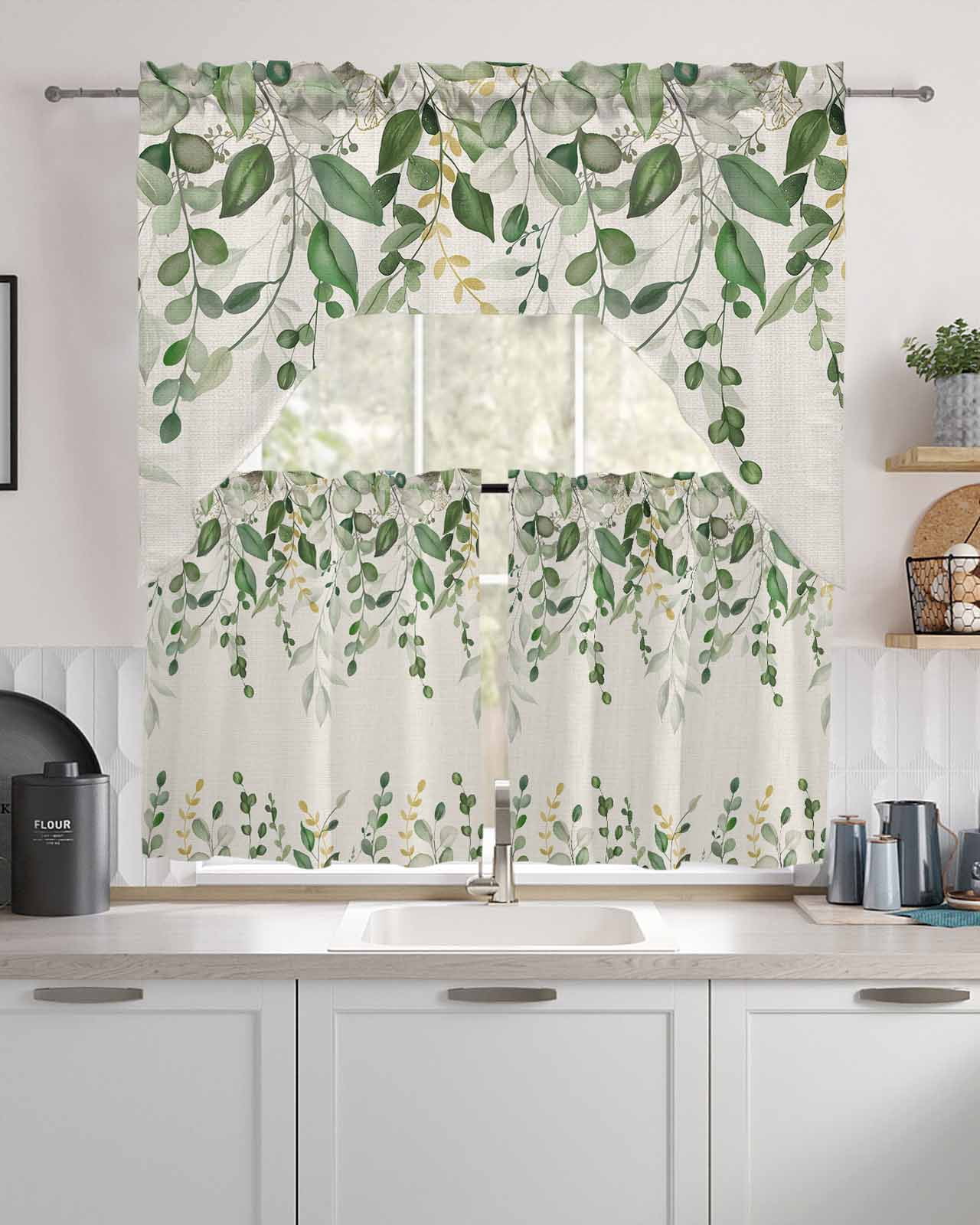 Sage Green Eucalyptus Kitchen Curtains Sets for Windows 3 Piece, Farmhouse Weeping Leaves Linen Kitchen Curtains and Valances Tier Set 36 Inch Length Swag Curtain for Living Room Cafe Bathroom