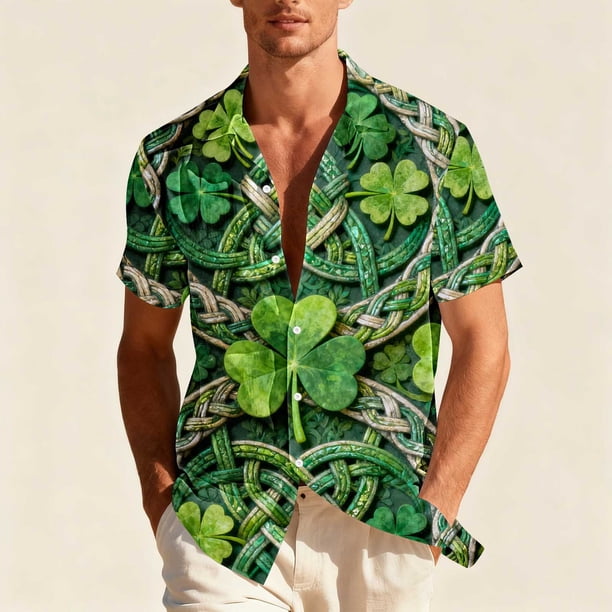 Ceisia Men's St. Patrick's Day Short Sleeve Shirt Clover Print Regular Straight Fit Green Turn-Down Collar Spring Summer Shirt Gift