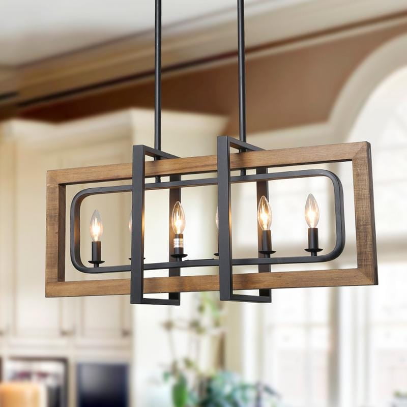 Farmhouse 6-light Wood Linear Chandelier Kitchen Island Lights for Dining  Room - W31.5