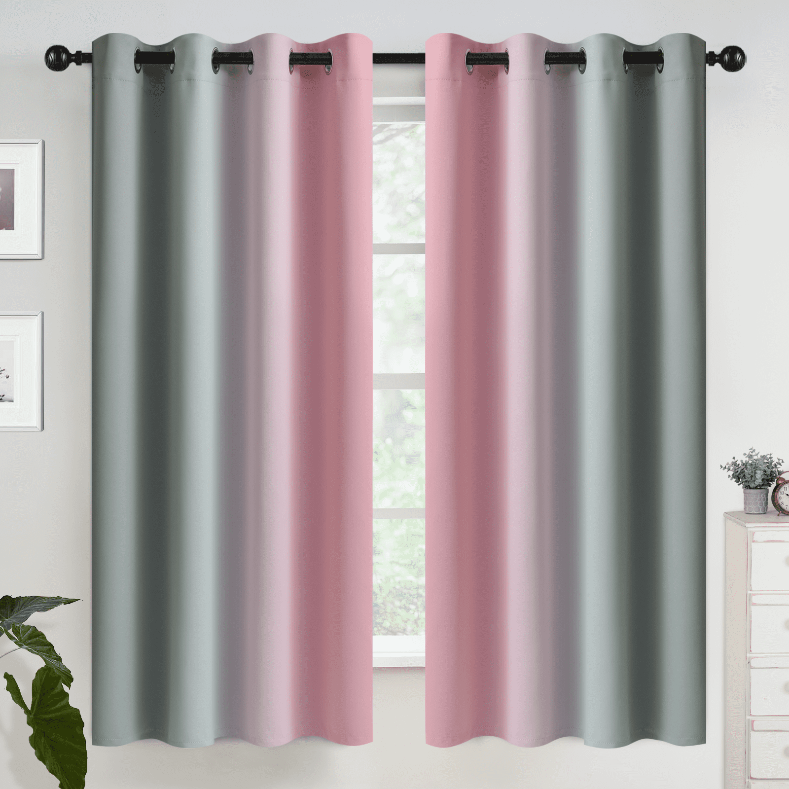 Yakamok Grommet Pink and Grey Ombre Room Darkening Curtains for Living Room/ Bedroom,2 Panels, 52x63 inches