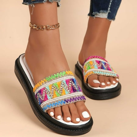 

YODETEY Women Sandals Summer New Plus Size Knitted Striped Splice Thick Sole Fish Mouth Line Beach Slippers Multicolor