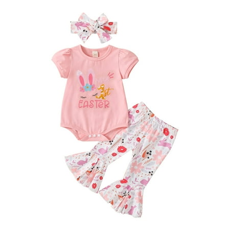 

Licupiee 3Pcs My 1st Easter Outfits Infant Baby Girl Short Sleeve Romper Rabbit Romper Bunny Flare Pants Bell Bottoms Summer Clothes