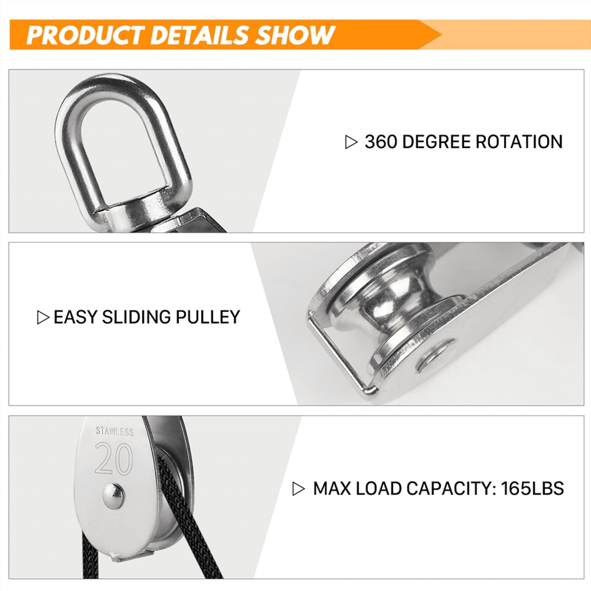 M20 Stainless Steel Pulley System Kit Heavy Duty Pulley Wheel Pulley Block with Nylon Rope 4MM Hooks Plate 2 Pack Walmart