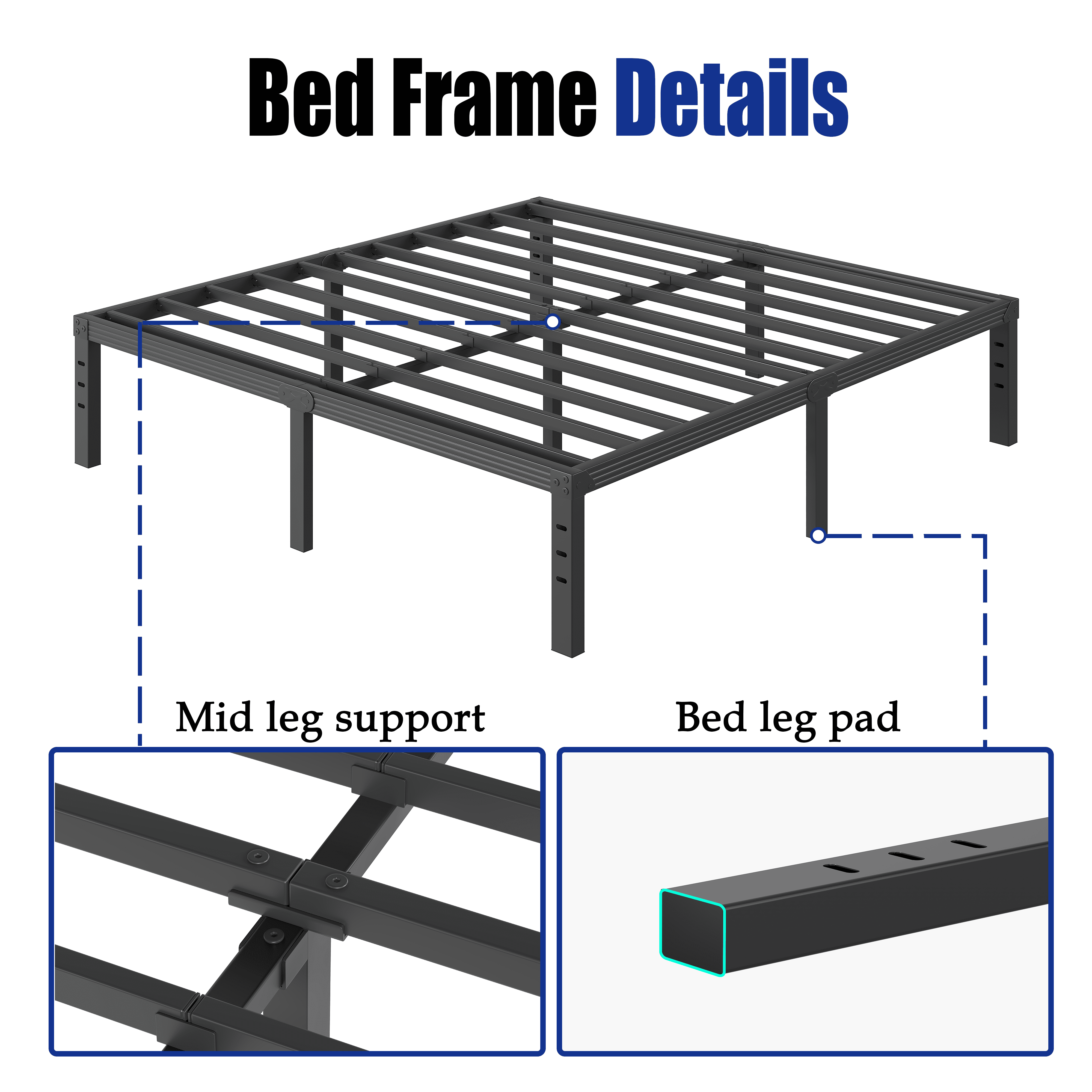 COMASACH 18 inch Queen Bed Frame, Easy Assembly, Heavy Duty Metal Platform, Noise Free, Black