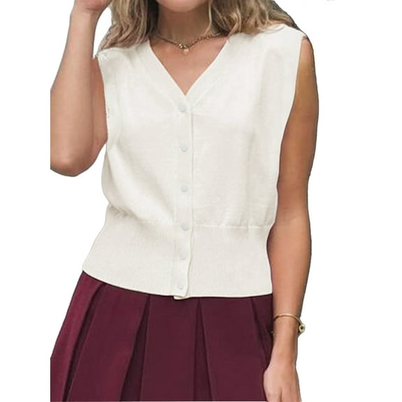 Womens Sleeveless Sweater Vest Knit V Neck Button Fashion Casual Loose Spring Summer Waistcoat Cardigan Cream White S
