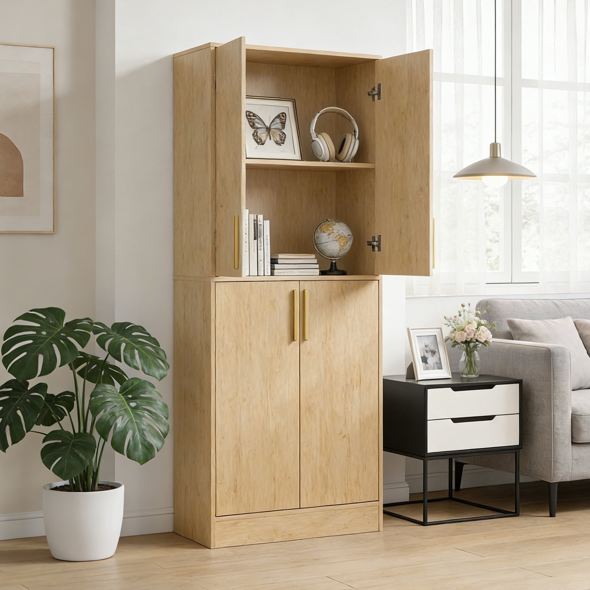 71" Tall Kitchen Pantry Storage Cabinet, Pantry Cabinet with 4 Doors, Freestanding Larder Cupboard, Kitchen Hutch with Gold Handles for Dining Room, Bathroom, Oak