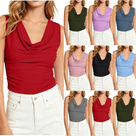 VBVC Women's Cowl Neck Ruched Tank Top , Ladies' Stretch Fitted Going Out Cami , Summer Sleeveless Business Work Blouse For Women,Red,S-2XL