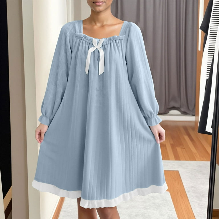Uaswgudfs Women's Winter Flannel Nightgown, Doll Collar Princess Style Midi Sleep  Dress, Cute Bow Casual Lounge Nightdress for Women Blue M - Walmart.com