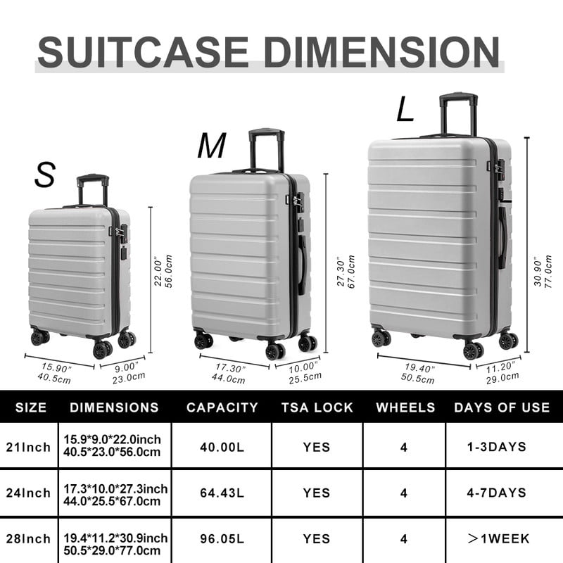 Checked Luggage PC ABS Hardside Suitcase with wheels USB Port Lightweight Luggage with TSA Lock 28 inch Silver