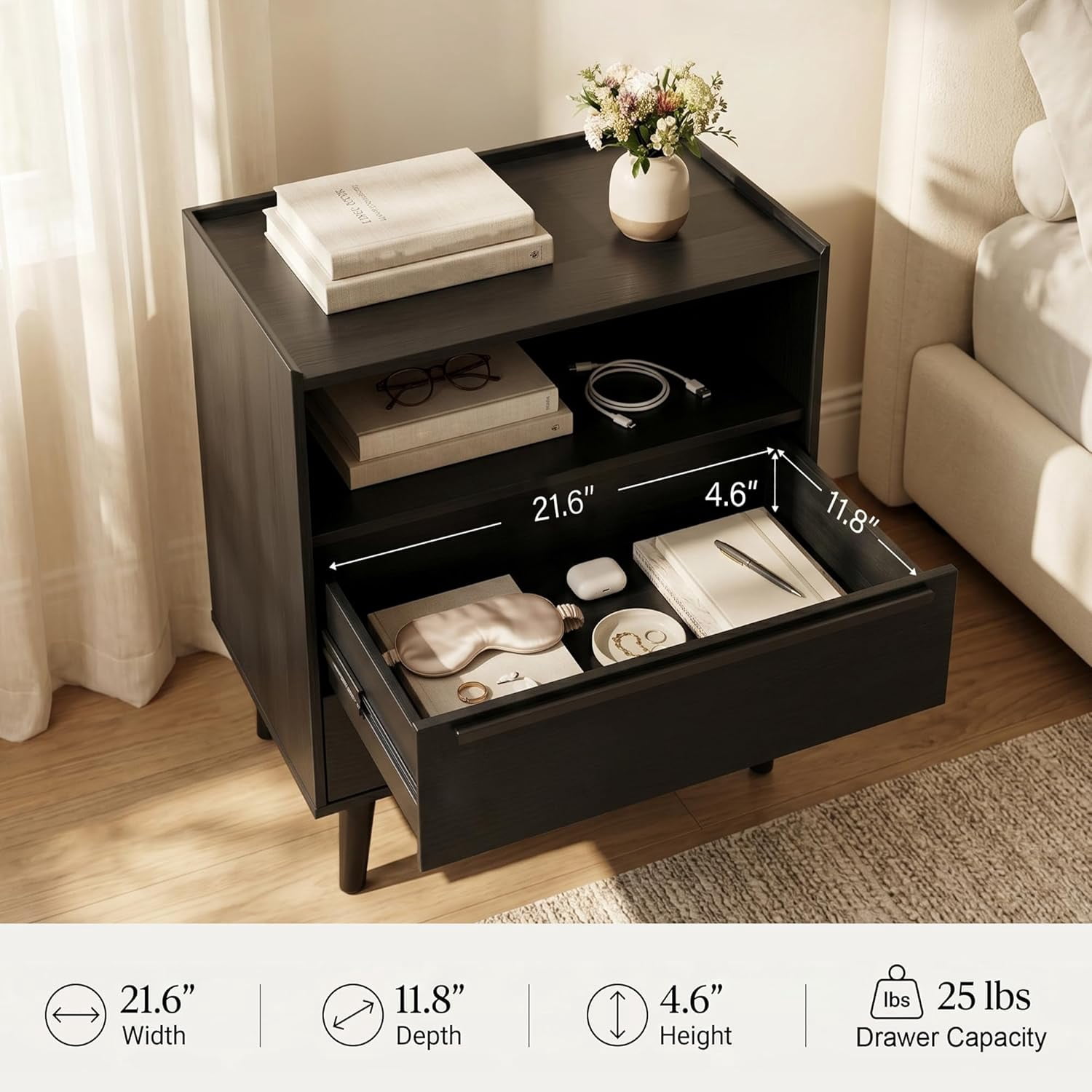 26" Tall Black Nightstand Set of 2 with Charging Station, 2 Drawer Modern Bedside Tables with Tray Top, USB & Type-C Ports and AC Outlets for Bedroom or Living Room