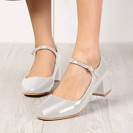 

Ykohkofe Women s Spring Literary Retro Medium Heel Thick Heel High Heel Patent Leather Shallow Mouth Casual Shoes