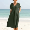 thumbnail image 2 of VEKDONE Short Sleeve V Neck Beach Dresses Solid Color Pleated Flowing Sundress Casual Loose Fit Over Knee Maxi Dress with Pockets Army Green XL, 2 of 9