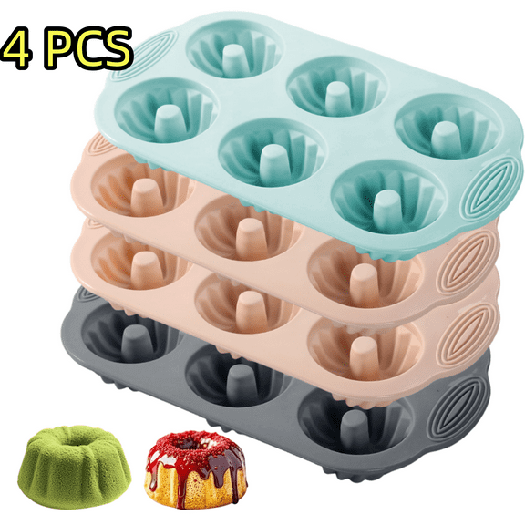 CCFJello Molds 4pcs Silicone Fluted Tube jello mold can, 6 Cavity Heritage Bundtlette Cake Mold for Baking Non Stick Fancy Molds (Pink Blue Gray)