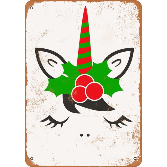 7 x 10 METAL SIGN - Christmas Unicorn - Vintage Rusty Look