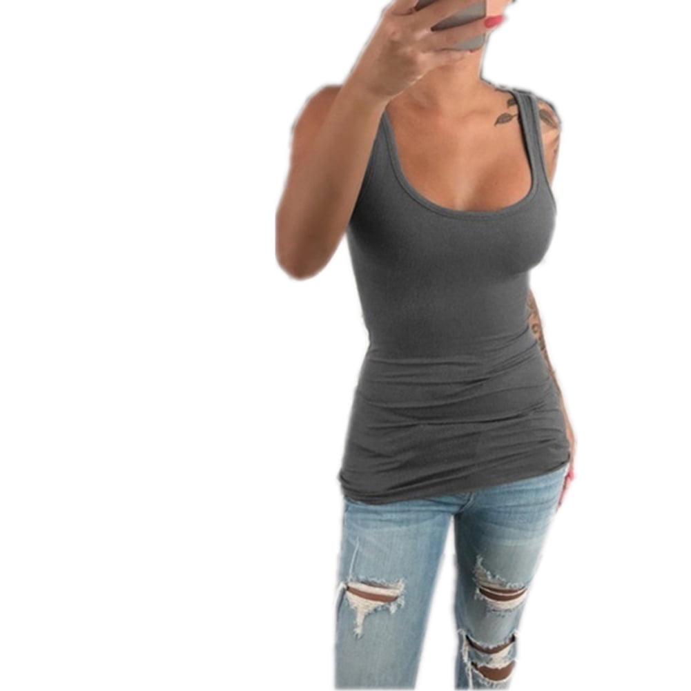Women Gym Sleeveless Tops Solid U Neck 