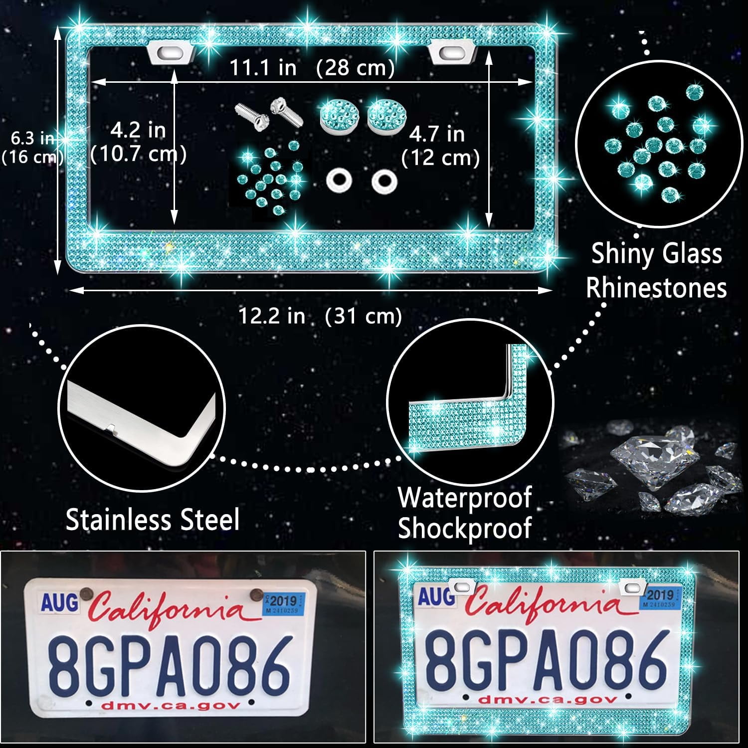 27 PCs Aquamrine Bling Car Accessories Set for Women, Steering Wheel Covers Universal Fit 15 Inch, Bling License Plate Frame, Bling Phone Holder, Bling Car Coasters (Aquamrine Diamond)